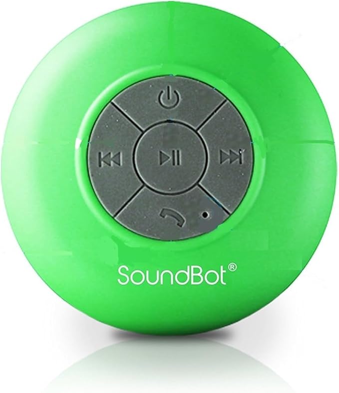 Soundbot SB510 HD Water Resistant Bluetooth Shower Speaker, Handsfree Portable Speakerphone with Built-in Mic, 6hrs of Playtime, Control Buttons and Dedicated Suction Cup for Showers (Green)