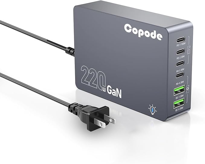 220W USB C Charger Block, 6-Port GaN USB C Charging Station PD 100W PC Laptop Fast Charger Adapter Compatible with iPhone 16, Galaxy 25, MacBook,ipad and More Devices(Gray)