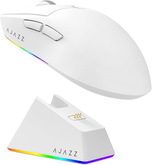 AJAZZ AJ139 V2 MC Gaming Mouse with Charging Base, Adjustable 12,000 DPI, PAW3311 Sensor, 3 Modes Wireless Mouse, 500mAh Battery, 1000 Polling Rate, 66g Lightweight, Win/Mac (White)