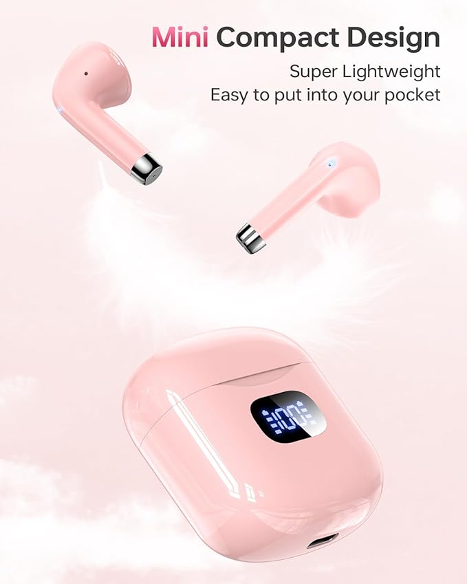 Wireless Earbuds Bluetooth 5.3 Headphones, 40Hrs Playback Stereo Ear Buds with LED Display Charging Case IPX7 Waterproof in-Ear Earphones with Mic for Phone Tablet Laptop Sports, Pink