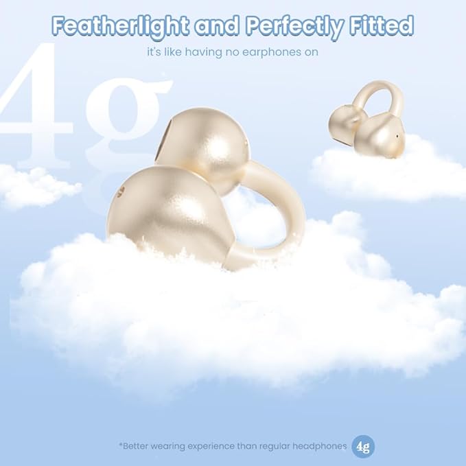 Clip on Earbuds Open Ear Wireless Bluetooth 5.4 Headphones with Mic,60H Play,Noise Cancelling,Waterproof,Sports Ear Buds,Comfortable for Small Ears & Glasses Wearers,Workouts (Off White)