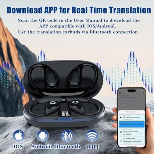 AI Real-Time Translation Earbuds, Bluetooth 5.4 Language Translation Headphones, Supporting 144 Language Accents, Ear-Hanging Language Translation Device, Suitable for Business Travel and Learning