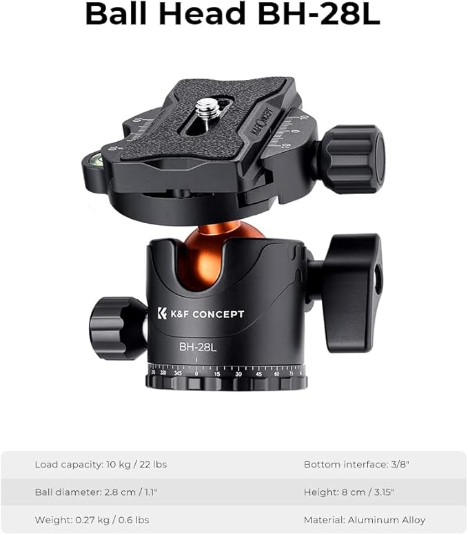 K&F Concept 73 inch /186cm Camera Tripod,Transverse Center Column Aluminium DSLR Tripod with 360 Degree Ball Head 10kg Load Capacity,Quick Release Plate,Detachable Monopod T255A3+BH-28L