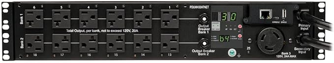 Tripp Lite 2.9kW Single-Phase ATS / Switched PDU, LX Platform Interface, 120V Outlets (24 5-15/20R, 1 L5-30R) 2 L5-30P, 2 10ft Cords, 2U Rack-Mount, TAA (PDUMH30ATNET),Black