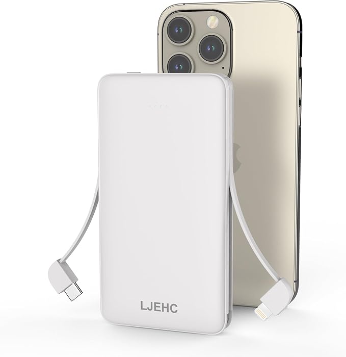 10000mAh Slim Power Bank with Built in Cable,Thin Lightweight Portable Phone Charger,4 Output USB C Travel Essentials External Battery Pack Clutch Charger for iPhone,Samsung,Android,Heated Vest,White