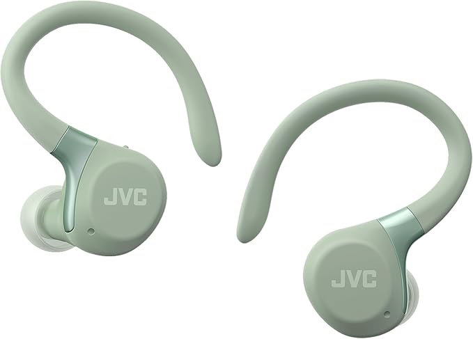 JVC Fitness Series True Wireless Sport Earbuds with Adjustable Hooks, Active Noise Cancelling, Ambient Sound Mode, IP57 Waterproof, 40hr Long Battery Life, App EQ, Low Latency, Mic HAEC75TG Green