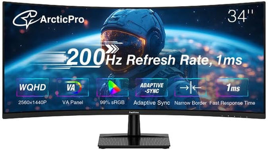 34inch 200Hz, Curved Gaming Monitor, WQHD 2560 * 1440p, VA Panel, 1ms Response Time, Adaptive sync, 3-Sided Frameless, Ultra Slim, 99% sRGB, Bluelight Filter, HDMI(TMDS)& DP Ports,Black