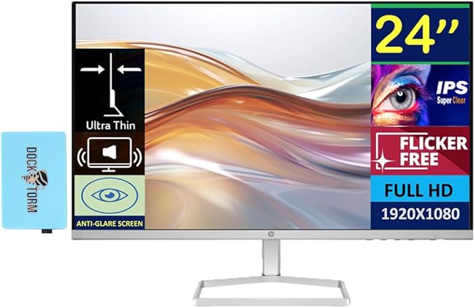 HP 24 Monitor with Dual 2W Speakers (Replaces M24fwa) 24" 100Hz IPS FHD 99% sRGB 300 Nits Display, Adjustable Tilt, Flicker-Free, Anti-Glare, Eye Ease, White/Silver w/DKZ USB Port Expander