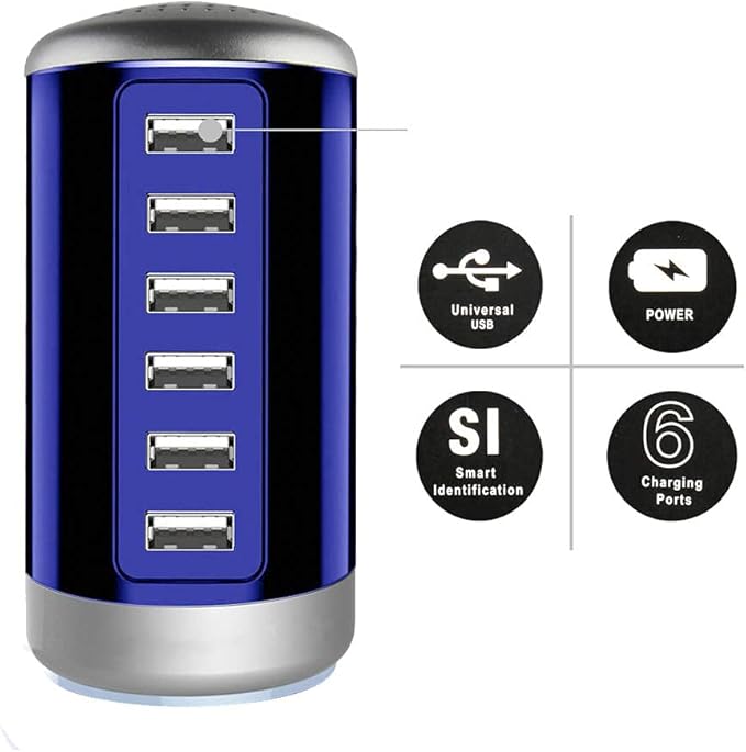 Universal USB Charger 6-Port Desktop USB Charging Station with Smart Identification Technology Compatible for for All iPad iPhone 15 14 13 12 11 Pro Max Pixel Note Galaxy (Blue)