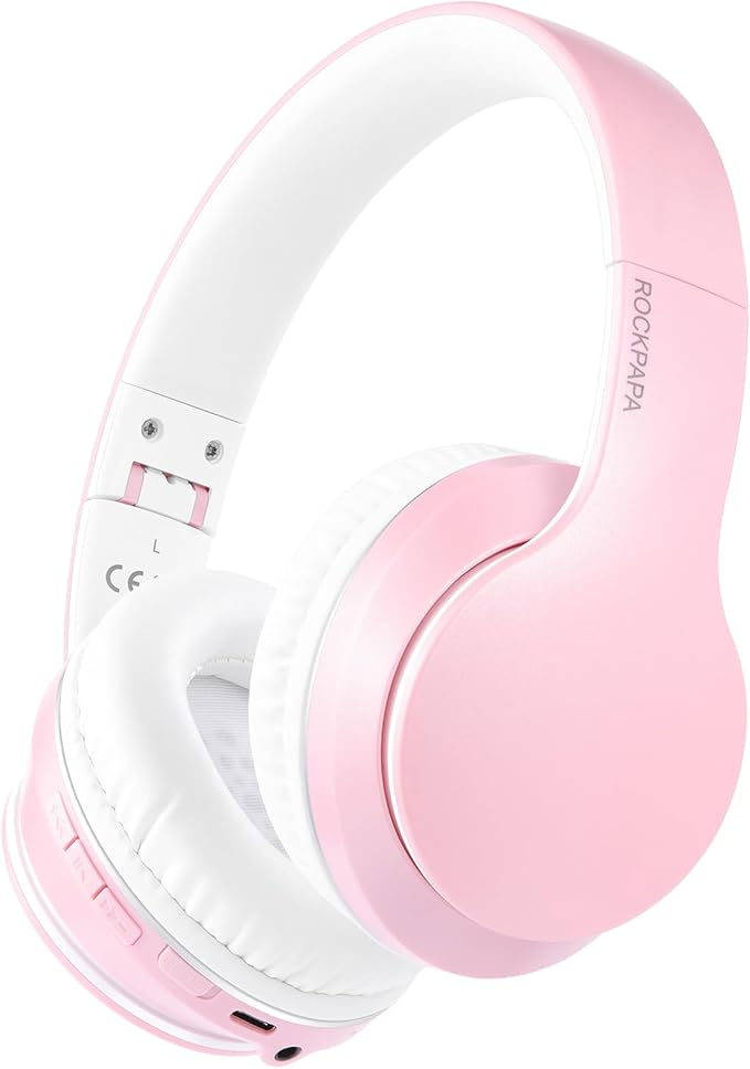 rockpapa E7 Over Ear Wireless Bluetooth Headphones with Mic Without Travel Case, Foldable Wired/Wireless Headphones with Microphone for Kids Childrens Boys Girls Teen Youth Adult Pink White