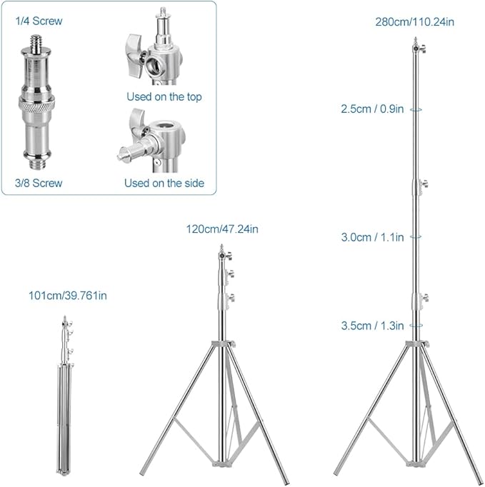 Heavy Duty Light Stand Tripod Stand for Photography, 9.19 Feet/2.8m Stainless Steel Light Tripods for Softbox, Speedlight, Strobe Light, Umbrella - Pack of 2