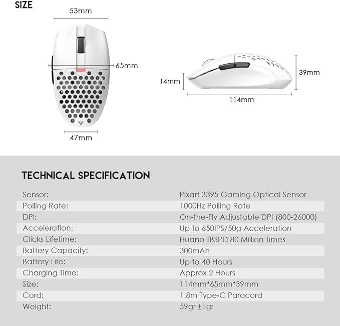 FANTECH ARIA XD7 Wireless Gaming Mouse Pixart 3395 Gaming Sensor 26000 DPI, HUANO Switches, Super Lightweight 59 Grams and Ambidextrous Egg Shape, 3 Mode Connectivity, White