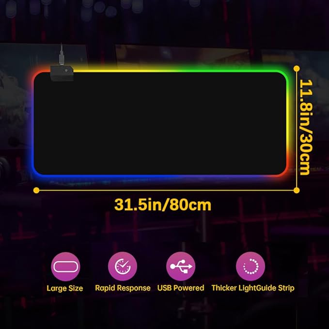 RGB Gaming Mouse Pad,31.5 X 11.8 Inch Oversized Mouse Mat, Ultra Bright LED Light&Soft Large Extended Mousepad with 14 Lighting Modes, Perfect for Gaming Or Work- Classic Black