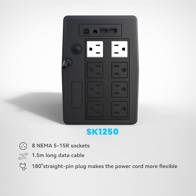 Ups Battery Backup and Surge Protector 1250VA/720W,Computer Uninterruptible Power Supply Units,Battery Backup Intelligent LCD,SKE Back UPS,Uninterruptible Power Supply,Battery Backup for Computer SKE