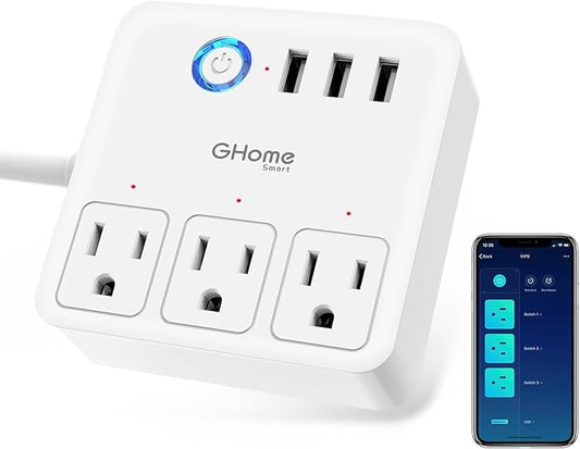 GHome Smart Power Strip with 3 USB Ports & 3 Smart Outlets Plugs That Work with Alexa & Google Home, WiFi Surge Protector, Flat Plug for Home Office Travel, 10A, White