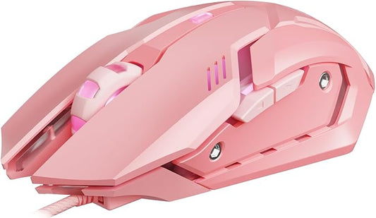 EWEADN G3 Wired Gaming Mouse, 2400 DPI Wired Optical Mouse with 6 Programmable Macro Buttons, Metal Base, 4-Color Breathing Light for PC/Laptop/Windows-Pink