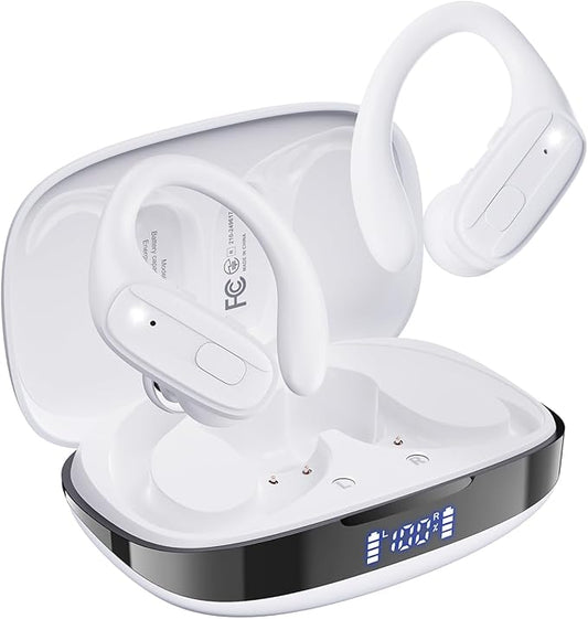 Wireless Earbuds, Sports Bluetooth 5.4 Headphones, Ear Buds with ENC Noise Canceling Mic, 50Hr Playtime Earphones, Palm-Sized, LED Power Display, IPX7 Waterproof Headset for Workout Running, White