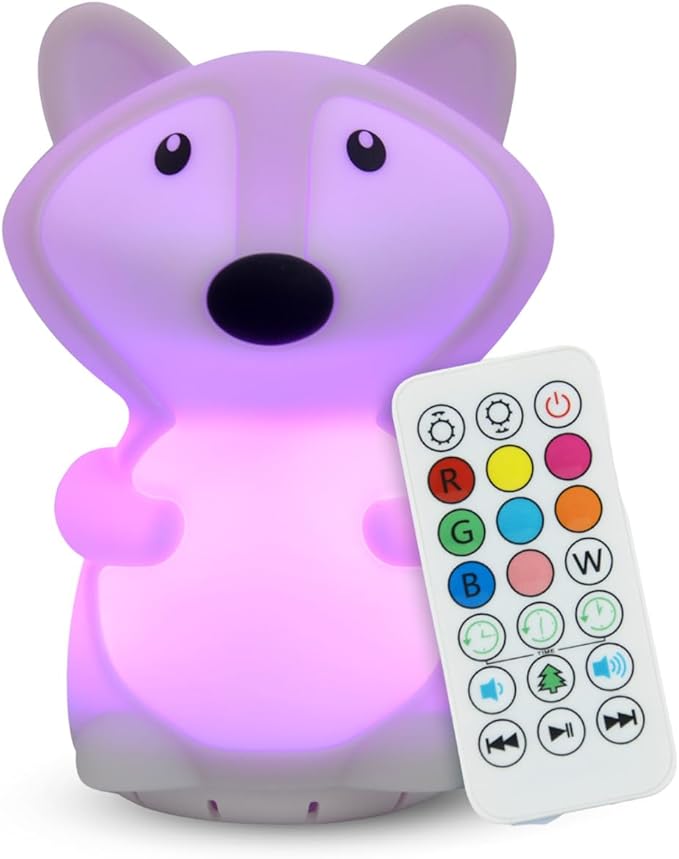 Combined Bluetooth Speaker & Nightlight With 9 Color Emissions, Child Friendly Silicone & BPA Free, USB Recharging, Receives Audio From Computer, Phone Or Tablet, and includes Remote Control (Fox)