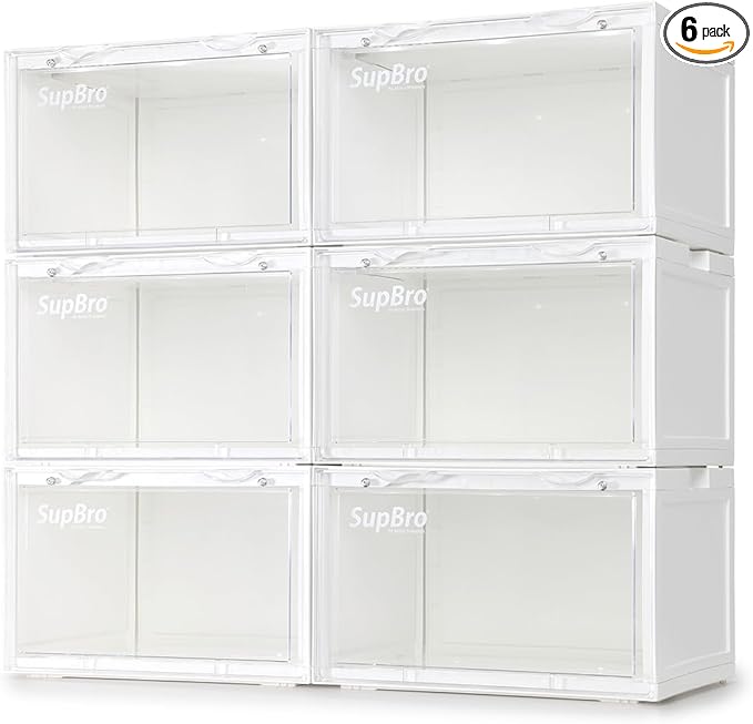 SupBro Led Collection Crate - Voice Control - Easy Access Storage Shoes box, Stackable Shoe Storage with clear plastic door for sneakers - (10.4 x 13.2 x 8.1 inch (6pack), White)