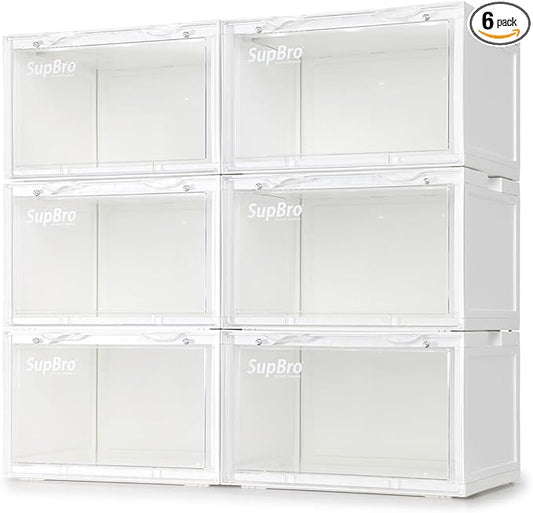 SupBro Led Collection Crate - Voice Control - Easy Access Storage Shoes box, Stackable Shoe Storage with clear plastic door for sneakers - (10.4 x 13.2 x 8.1 inch (6pack), White)