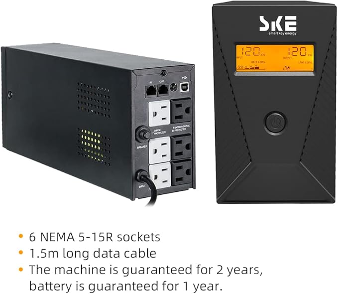600VA/360W Ups Battery Backup and Surge Protector,Computer Uninterruptible Power Supply Units,SKE Ups Power Supply