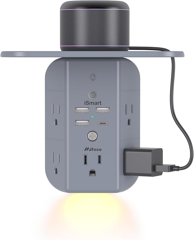 Wall Outlet Extender with Shelf and Night Light,Surge Protector,USB Wall Charger with 5 AC Outlets and 3 USB A Ports 1 USB C Outlet Wide Space 3-Sided Power Strip Multi Plug Outlets, Gray