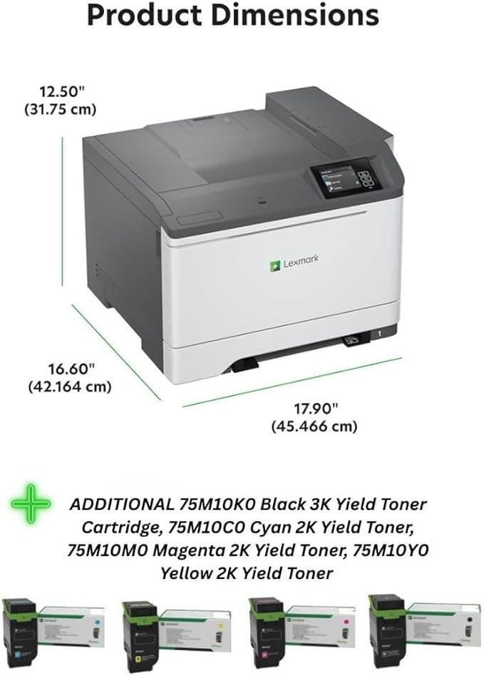 LEXMARK CS531dw Color Laser Wireless Printer (50M0020), Bundle with 75M10K0 Black 3K Yield Toner, 75M10C0 Cyan 2K Yield Toner, 75M10M0 Magenta 2K Yield Toner, 75M10Y0 Yellow 2K Yield Toner