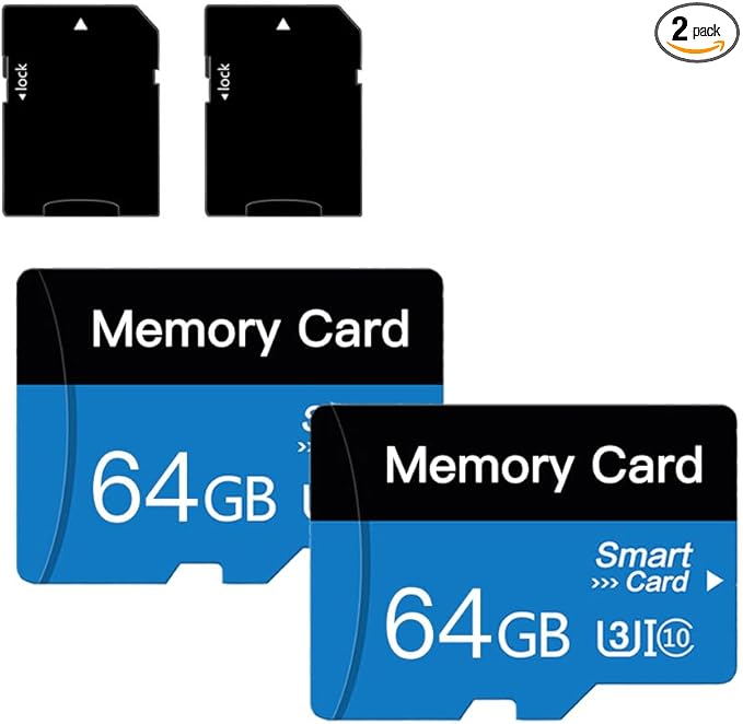 2 Pack 64 GB Micro Memory Card with Adapter, TF Memory Card Class 10, Mini Memory Card for Camera/Smartphone/Tablet/Drone (Blue 64GB*2)