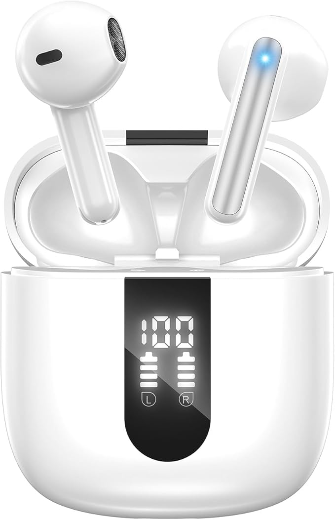 Bluetooth Earbuds Wireless Headphones, 60H Deep Bass Ear Buds with 4 Noise Cancelling Microphone, IP5 Waterproof Earphones for iPhone Android Sports audifonos Bluetooth inalambricos (White)