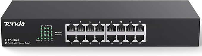 Tenda TEG1016D, Unmanaged 16 Port Gigabit Switch, Rackmount Ethernet Switch, Plug & Play, Fanless & Metal Design Network Switch, Limited Lifetime Protection
