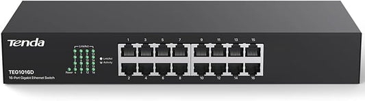 Tenda TEG1016D, Unmanaged 16 Port Gigabit Switch, Rackmount Ethernet Switch, Plug & Play, Fanless & Metal Design Network Switch, Limited Lifetime Protection