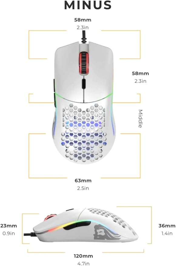 Glorious Model O- (Minus) Compact Wired Gaming Mouse - 58g Superlight Honeycomb Design, RGB, Pixart 3360 Sensor, Ambidextrous, Omron Switches - Matte White