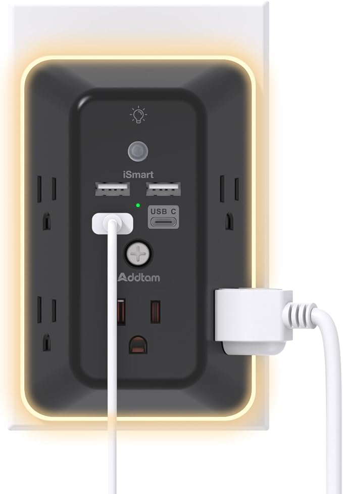 Surge Protector, Outlet Extender with Night Light, Addtam 5-Outlet Splitter and 4 USB Ports(1 USB C), Multi Plug Wall Outlet for Home Office Dorm Room Essentials Black