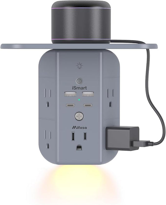Wall Outlet Extender with Shelf and Night Light, Surge Protector, USB Wall Charger with 5 AC Outlets and 2 USB A Ports 2 USB C Ports Wide Space 3-Sided Power Strip Multi Plug Outlets, Gray