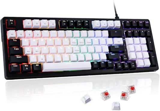 WJX Mechanical Gaming RGB Keyboard Wired 98 Full Keynap, RGB Backlit with 19 Modes Computer Clicky Keyboard for PC & Mac, Hot-Swappable Red Tactile Mechanical Switch, USB-C Control PBT Keycaps（White）