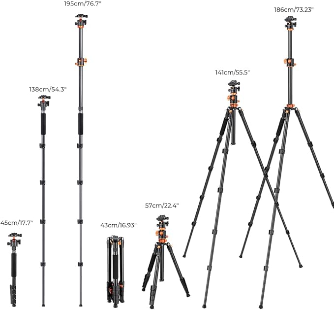 K&F Concept 73 inch /186cm Camera Tripod,Transverse Center Column Aluminium DSLR Tripod with 360 Degree Ball Head 10kg Load Capacity,Quick Release Plate,Detachable Monopod T255A3+BH-28L