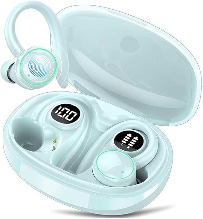Wireless Earbuds, Bluetooth Ear Buds Sport, Stereo Deep Bass Over Ear Buds with Earhooks, In Ear Earphones with 4 ENC Noise Cancelling Mic, 48H LED Display Headphone for Running, IP7, Light Blue