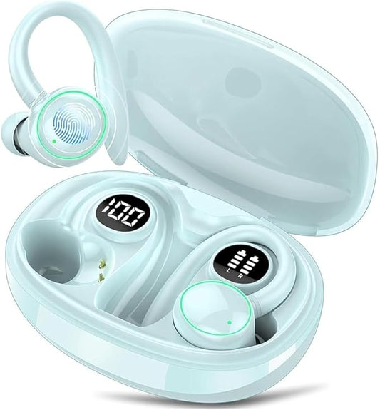 Wireless Earbuds, Bluetooth Ear Buds Sport, Stereo Deep Bass Over Ear Buds with Earhooks, In Ear Earphones with 4 ENC Noise Cancelling Mic, 48H LED Display Headphone for Running, IP7, Light Blue