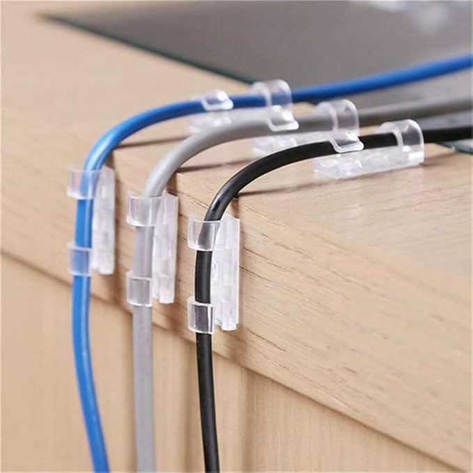 Small Cable Clip Organizers, Self-Adhesive Cord Management System for Desk, Car, Home, Clear Plastic, Multi-Purpose Cable Holders