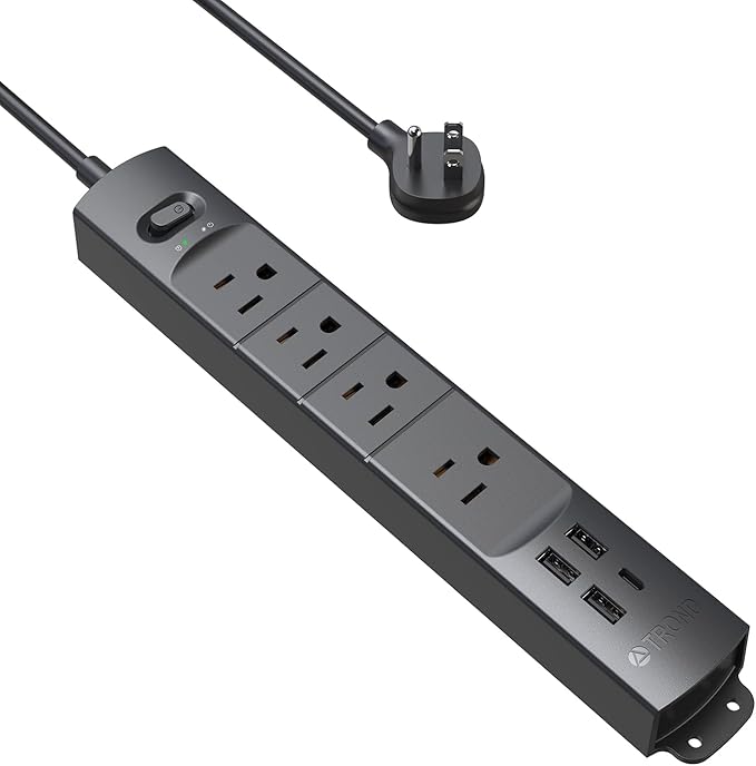 TROND Surge Protector Power Strip with USB, Ultra Thin Flat Plug 3ft Extension Cord 1625W, 3 USB A & 1 USB C, 4 AC Outlets 1440J Surge Protection, ETL Listed, Wall Mount for Home Office Dorm, Black