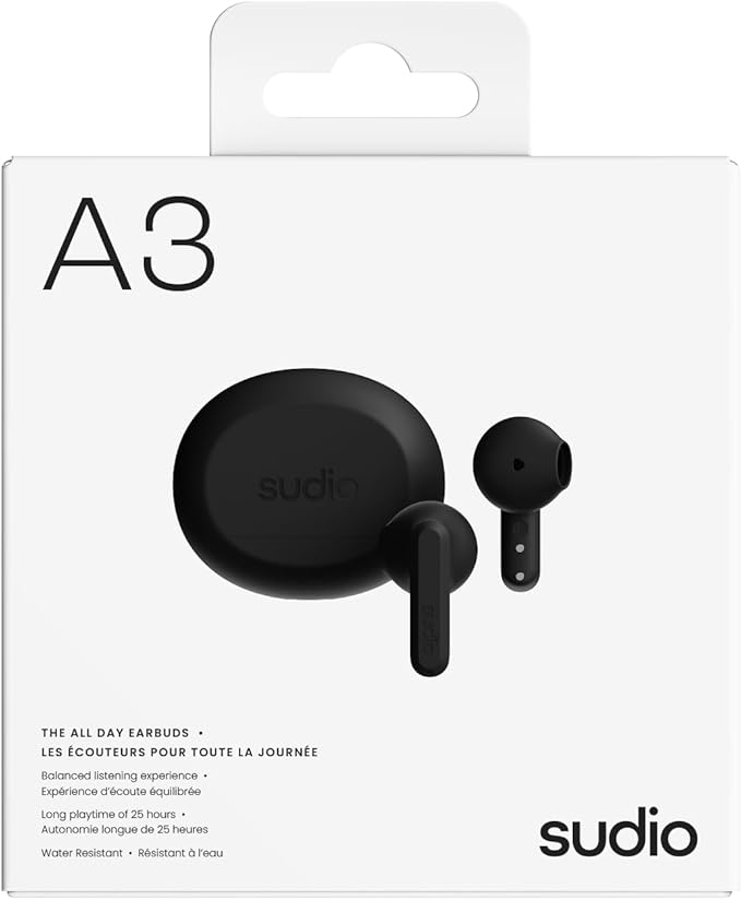 Sudio A3 All-Day Wireless Earbuds – 25H Playtime, Bluetooth 5.4, Sweat & Splashproof, Balanced Sound, Clear Calls with Enhanced Mics, USB-C Charging, Made from Recycled Plastics (Black)