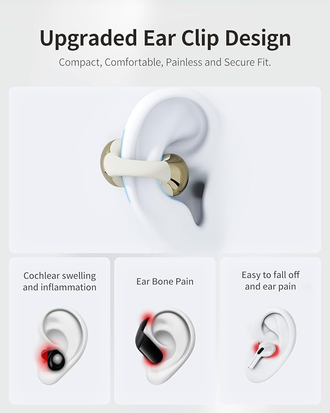 Open-Ear Earbuds, Clip-On Headphones, Open-Ring Comfort Wireless Bluetooth Earbuds, Dual Connection, 30H Playtime, Comfortable for Workouts and Daily Use, White
