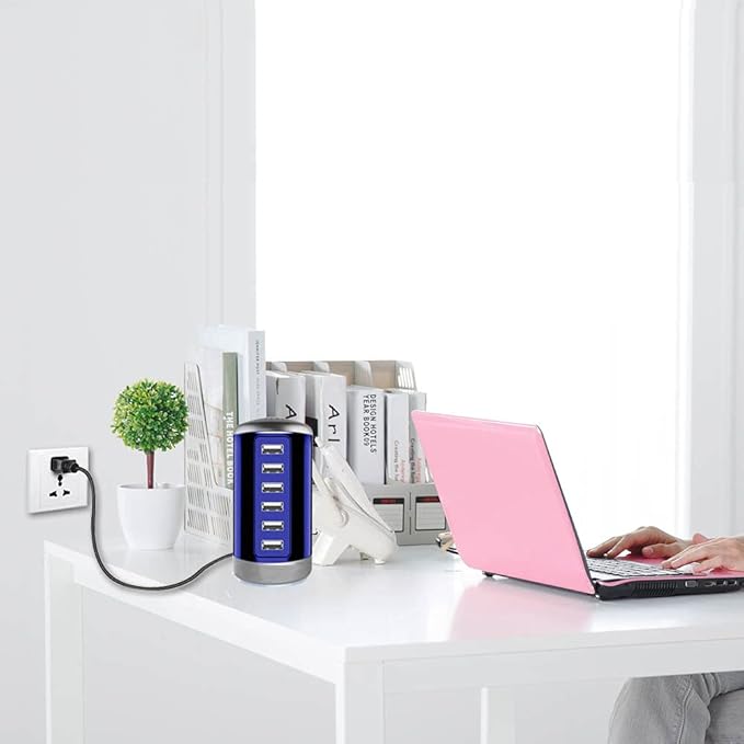 Universal USB Charger 6-Port Desktop USB Charging Station with Smart Identification Technology Compatible for for All iPad iPhone 15 14 13 12 11 Pro Max Pixel Note Galaxy (Blue)