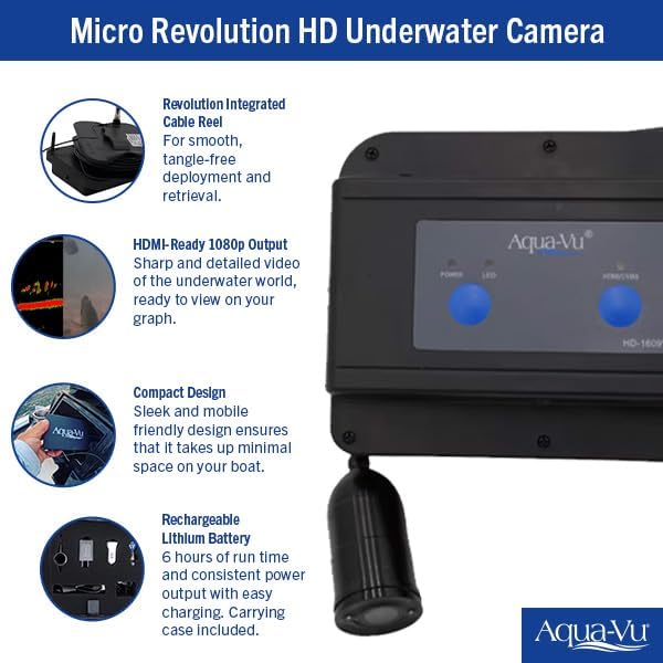Aqua-Vu Micro Revolution HD Underwater Camera for Fishing – Live Sonar Compatible with Humminbird APEX, Garmin GPSMAP, Lowrance HDS, HDMI/RCA/BNC Output for Ice, Kayak & Boat Fishing
