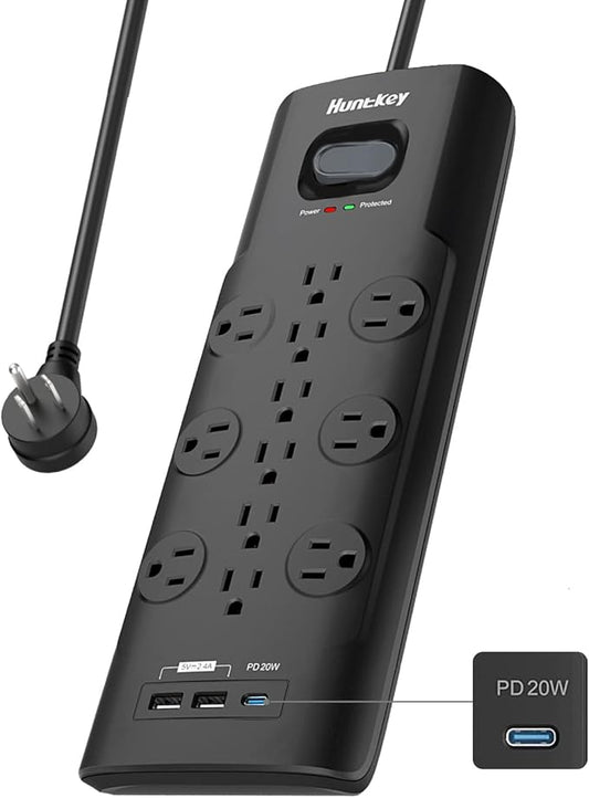 Surge Protector Power Strip (3480J), Huntkey 12 Outlets with 2 USB A Ports and 20W USB C Power Delivery Charging, 6ft Flat Plug, Heavy-Duty Extension Cord for Home, Office, Dorm Essential, ETL Listed