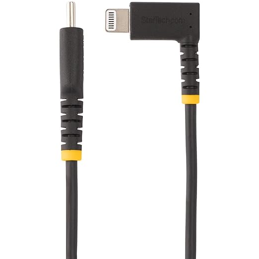 StarTech.com 3ft (1m) Durable USB-C to Lightning Cable - Right-Angled Heavy Duty USB Type-C to Lightning Charging/Sync Cord - Apple MFi Certified - Rugged iPhone Lightning Cable (RUSB2CLTMM1MR)