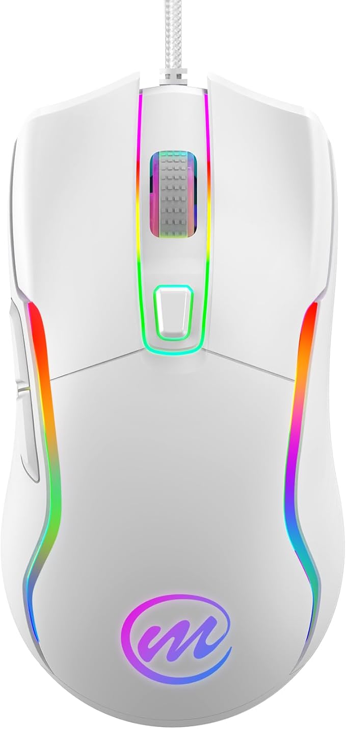 memzuoix Wired Gaming Mouse with RGB - 6 Adjustable DPI up to 12800, 6 Buttons, 12 Lighting Modes, Ergonomic Design with Anti-Slip Rubber Wheel, 5.6ft Braided Cable for PC/Mac/Windows - White