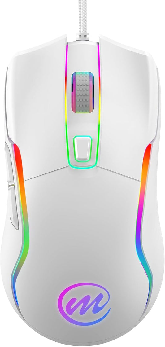 memzuoix Wired Gaming Mouse with RGB - 6 Adjustable DPI up to 12800, 6 Buttons, 12 Lighting Modes, Ergonomic Design with Anti-Slip Rubber Wheel, 5.6ft Braided Cable for PC/Mac/Windows - White