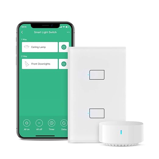BroadLink Smart Light Switch, No Neutral Wire Required, Single Pole with App and Voice Control, 2-Gang Touch Timer Switch, Compatible with Alexa, Google Assistant, IFTTT, Siri Shortcuts, Hub Included