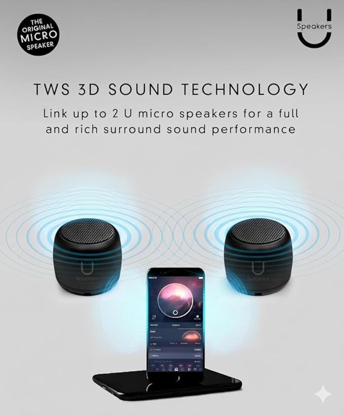 Fashionit U Micro - Small Bluetooth Speaker | Coin-Sized Speakers Bluetooth Wireless with Built-in Mic & Remote Shutter | Portable Rich Sound for Travel, Shower, Beach | Black